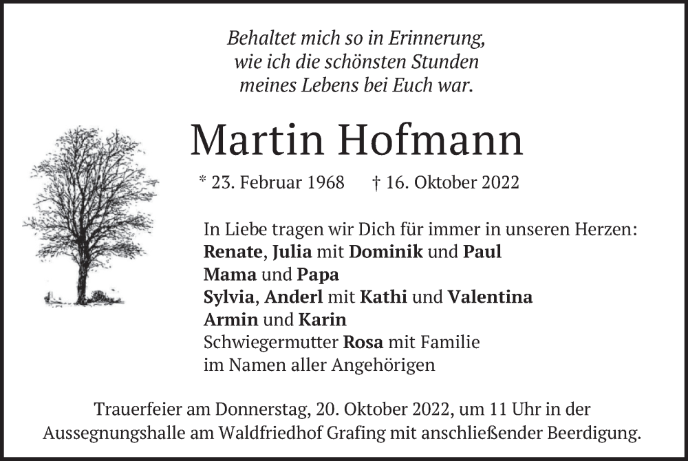  Traueranzeige für Martin Hofmann vom 19.10.2022 aus merkurtz