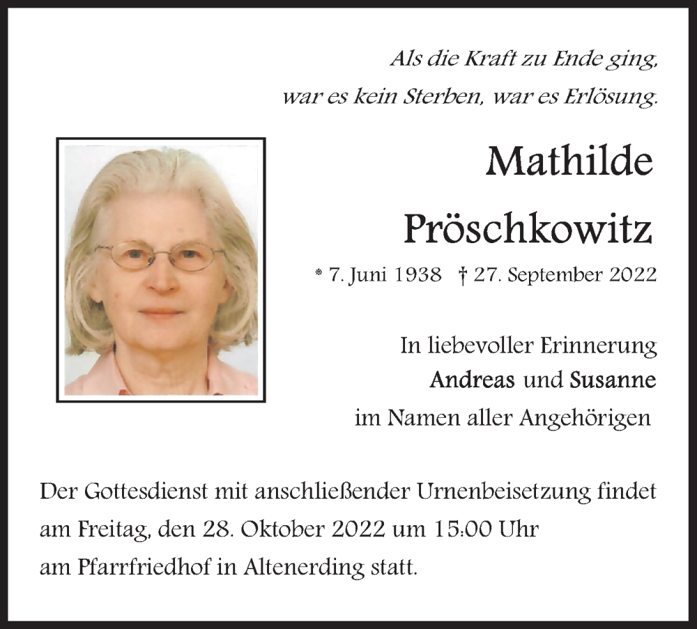  Traueranzeige für Mathilde Pröschkowitz vom 22.10.2022 aus merkurtz