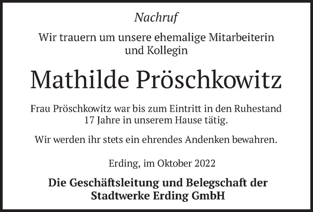  Traueranzeige für Mathilde Pröschkowitz vom 26.10.2022 aus merkurtz