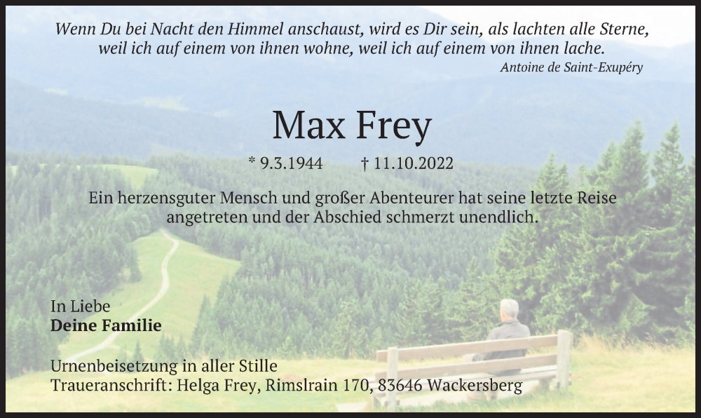  Traueranzeige für Max Frey vom 15.10.2022 aus merkurtz