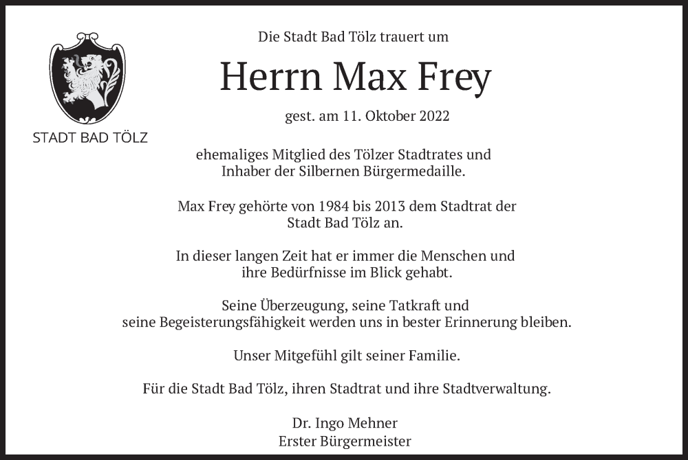  Traueranzeige für Max Frey vom 20.10.2022 aus merkurtz