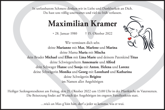 Traueranzeige von Maximilian Kramer von merkurtz