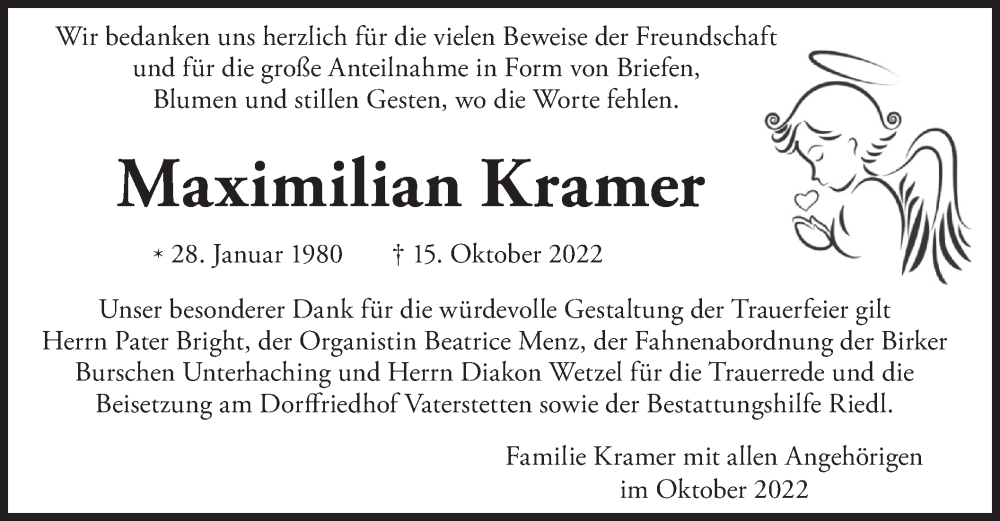  Traueranzeige für Maximilian Kramer vom 29.10.2022 aus merkurtz