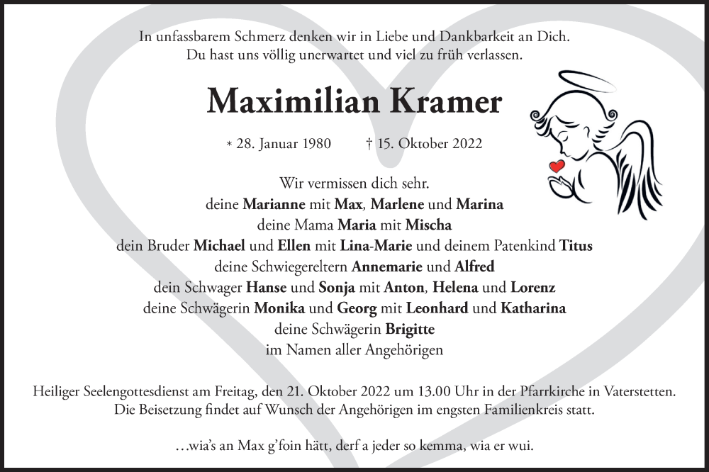  Traueranzeige für Maximilian Kramer vom 20.10.2022 aus merkurtz