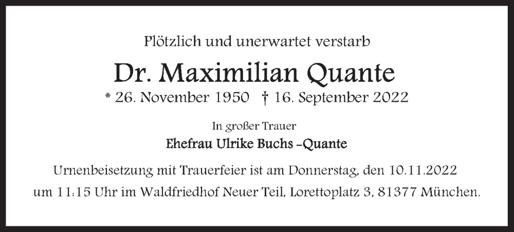  Traueranzeige für Maximilian Quante vom 29.10.2022 aus merkurtz