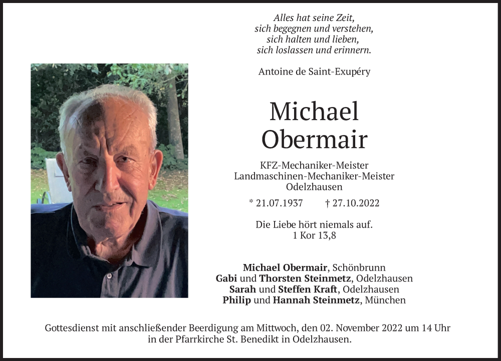  Traueranzeige für Michael Obermair vom 29.10.2022 aus merkurtz