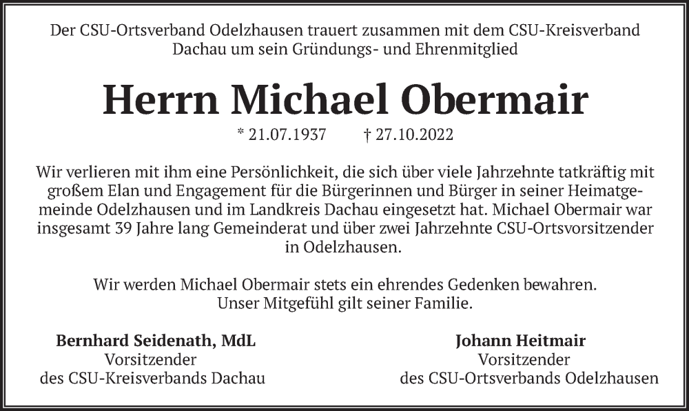  Traueranzeige für Michael Obermair vom 31.10.2022 aus merkurtz