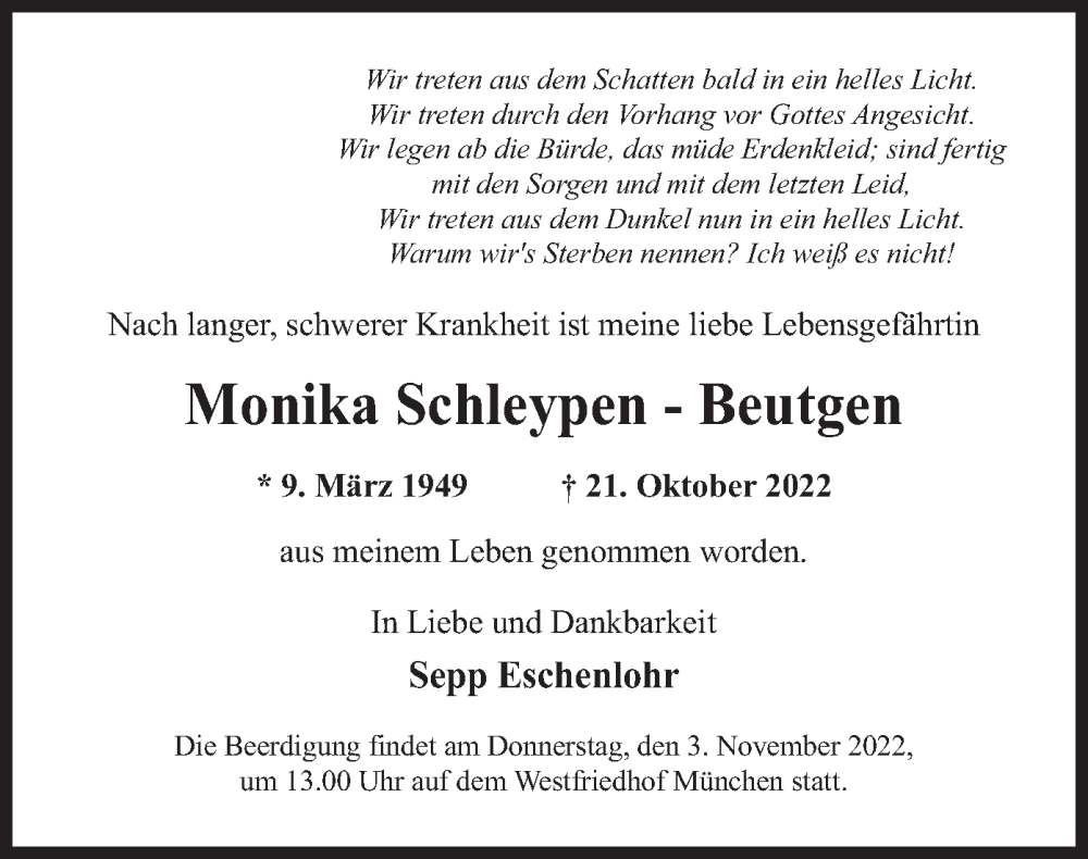  Traueranzeige für Monika Schleypen-Beutgen vom 29.10.2022 aus merkurtz