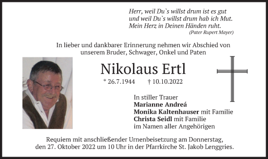Traueranzeige von Nikolaus Ertl von merkurtz