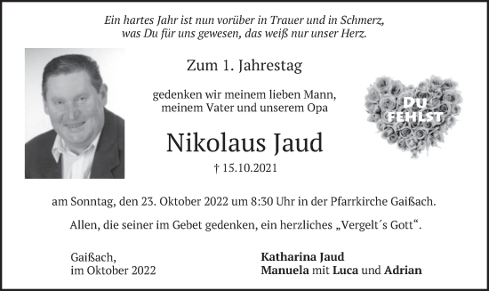 Traueranzeige von Nikolaus Jaud von merkurtz