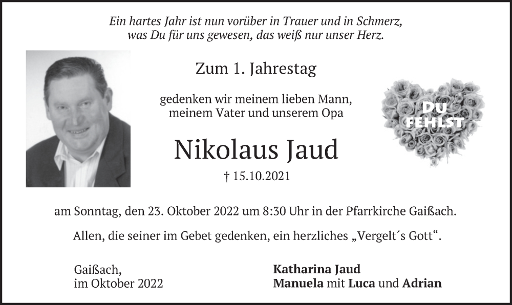  Traueranzeige für Nikolaus Jaud vom 21.10.2022 aus merkurtz