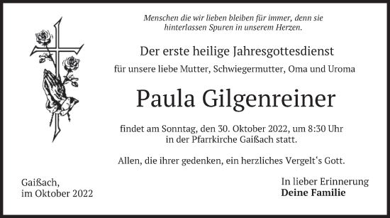 Traueranzeige von Paula Gilgenreiner von merkurtz