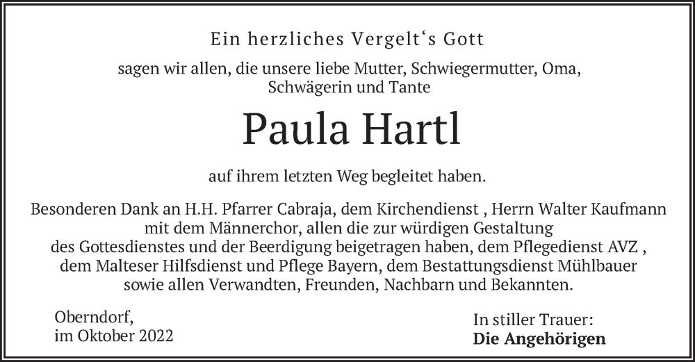  Traueranzeige für Paula Hartl vom 15.10.2022 aus merkurtz