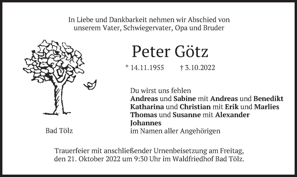  Traueranzeige für Peter Götz vom 17.10.2022 aus merkurtz