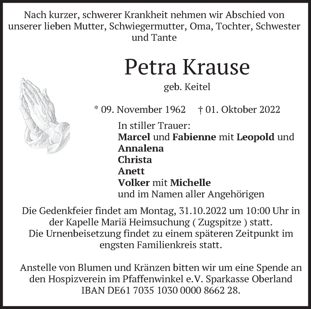  Traueranzeige für Petra Krause vom 15.10.2022 aus merkurtz