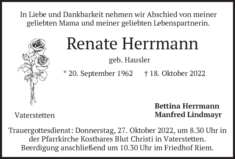  Traueranzeige für Renate Herrmann vom 22.10.2022 aus merkurtz