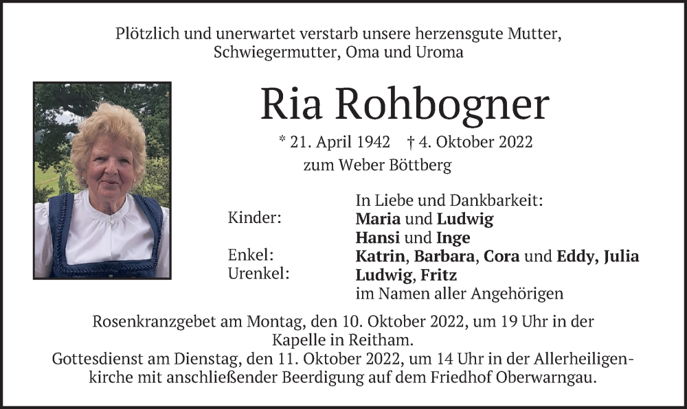  Traueranzeige für Ria Rohbogner vom 08.10.2022 aus merkurtz