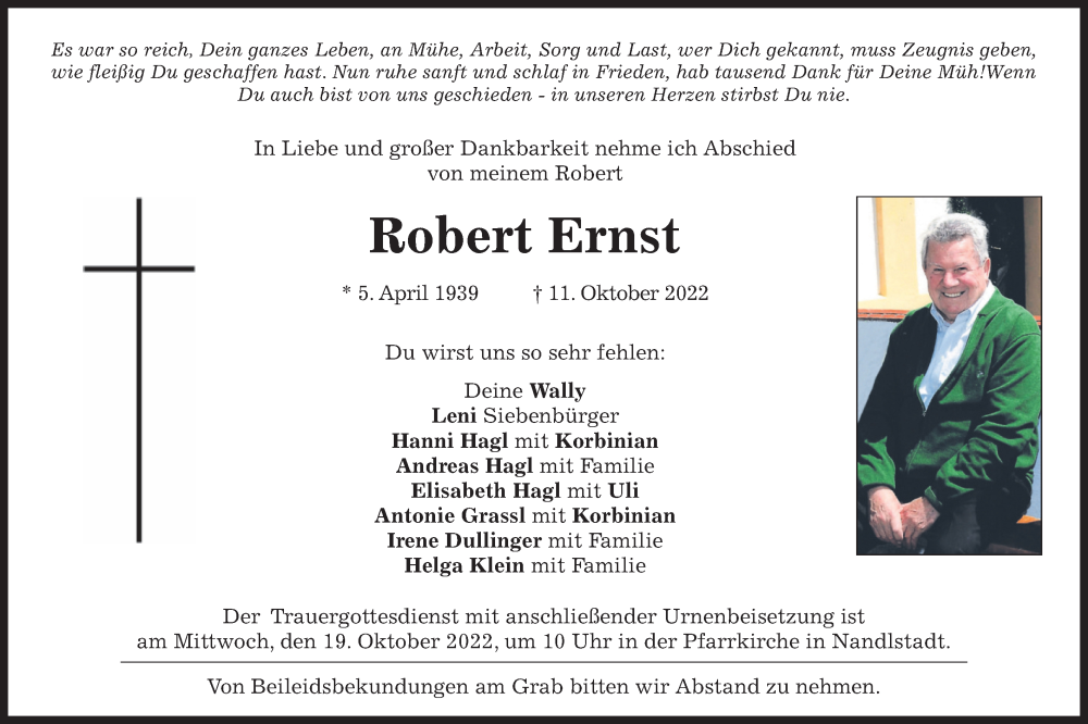  Traueranzeige für Robert Ernst vom 17.10.2022 aus merkurtz