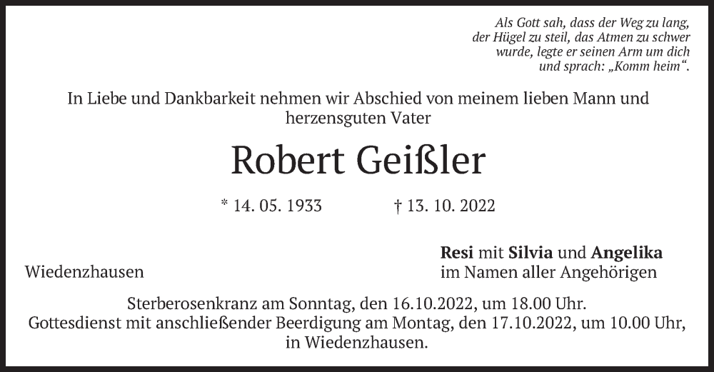  Traueranzeige für Robert Geißler vom 15.10.2022 aus merkurtz