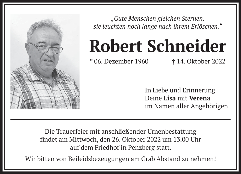  Traueranzeige für Robert Schneider vom 21.10.2022 aus Das Gelbe Blatt Penzberg