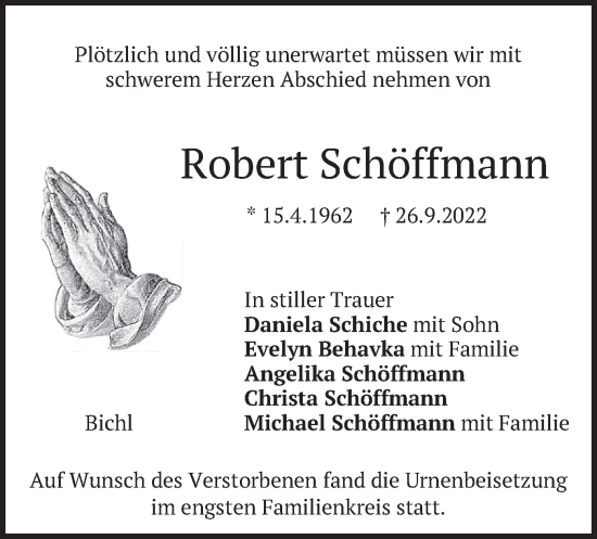 Traueranzeige von Robert Schöffmann von merkurtz
