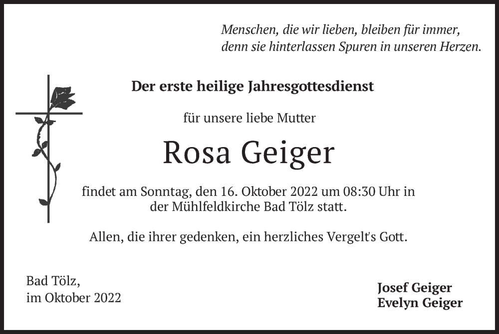  Traueranzeige für Rosa Geiger vom 14.10.2022 aus merkurtz