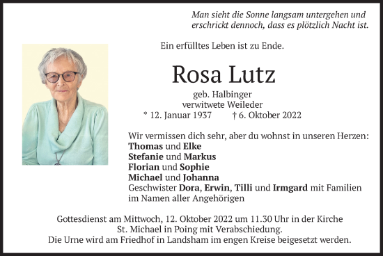 Traueranzeige von Rosa Lutz von merkurtz