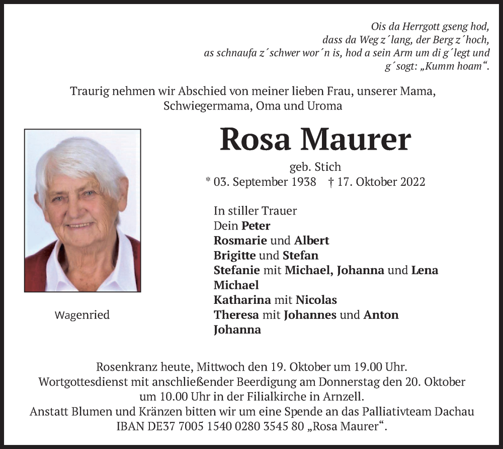  Traueranzeige für Rosa Maurer vom 19.10.2022 aus merkurtz