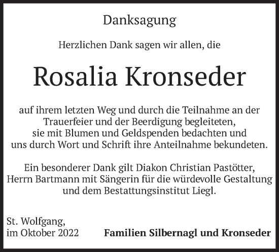 Traueranzeige von Rosalia Kronseder von merkurtz
