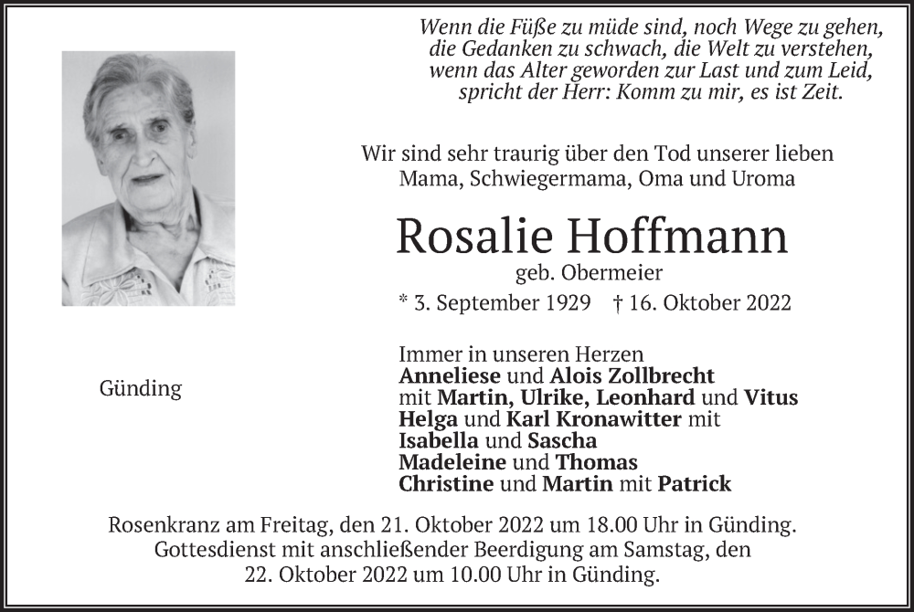Traueranzeigen von Rosalie Hoffmann | trauer.merkur.de