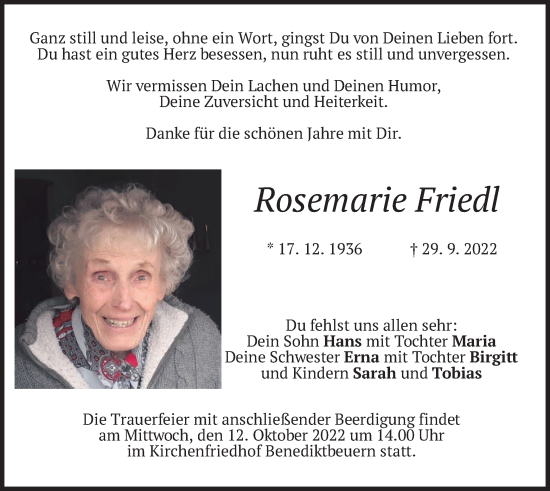 Traueranzeige von Rosemarie Friedl von merkurtz