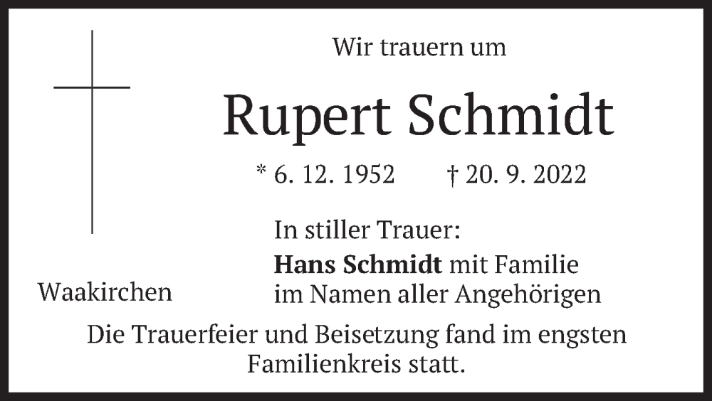  Traueranzeige für Rupert Schmidt vom 15.10.2022 aus merkurtz