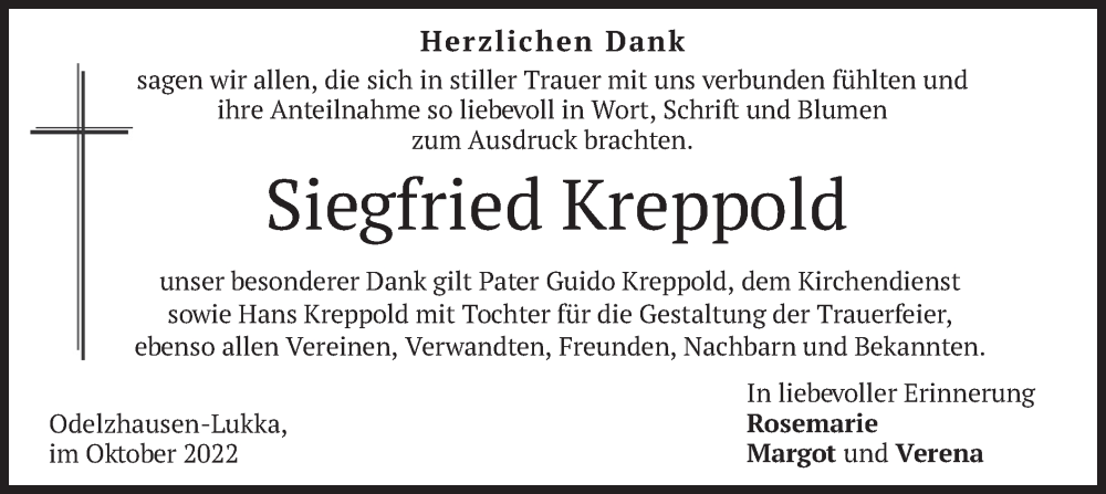  Traueranzeige für Siegfried Kreppold vom 08.10.2022 aus merkurtz