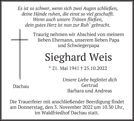 Traueranzeige von Sieghard Weis von merkurtz