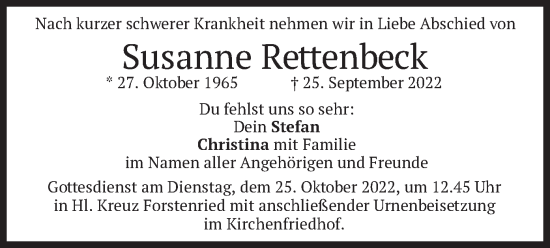 Traueranzeige von Susanne Rettenbeck von merkurtz