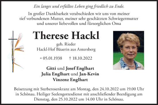 Traueranzeige von Therese Hackl