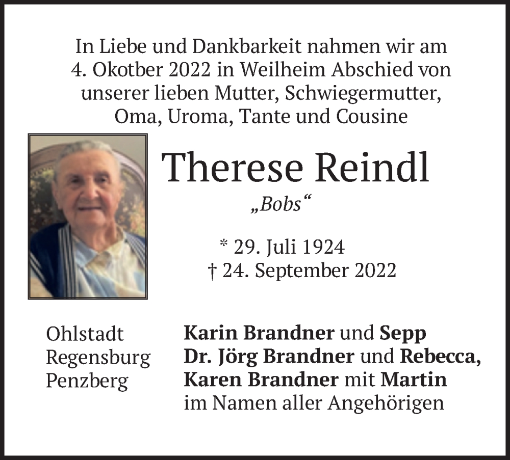  Traueranzeige für Therese Reindl vom 08.10.2022 aus merkurtz