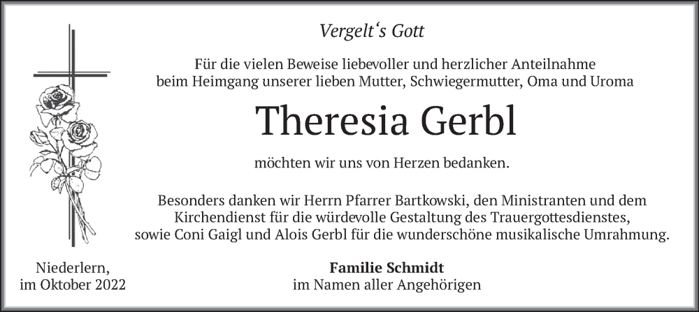  Traueranzeige für Theresia Gerbl vom 15.10.2022 aus merkurtz