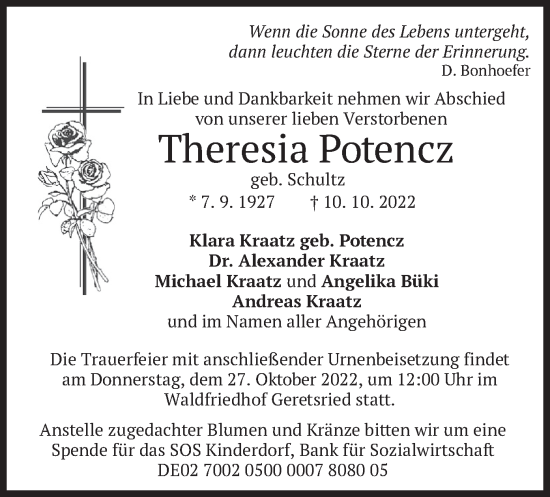 Traueranzeige von Theresia Potencz von merkurtz
