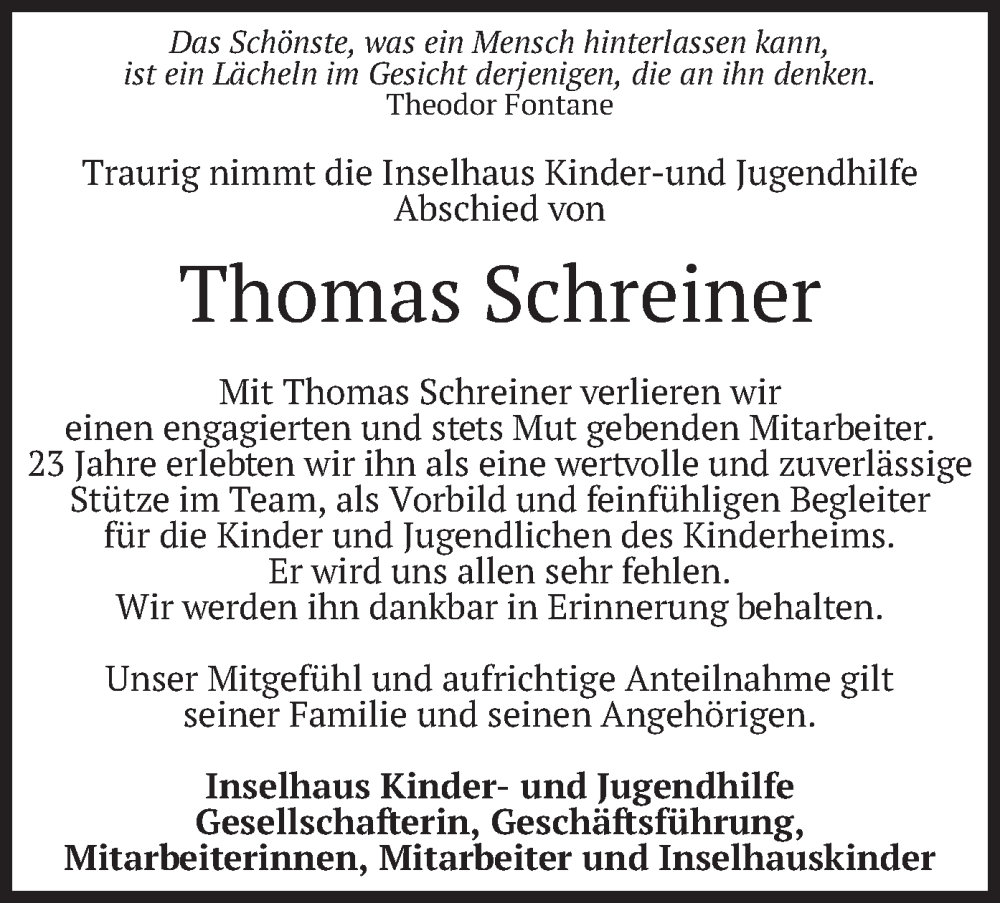  Traueranzeige für Thomas Schreiner vom 24.10.2022 aus merkurtz