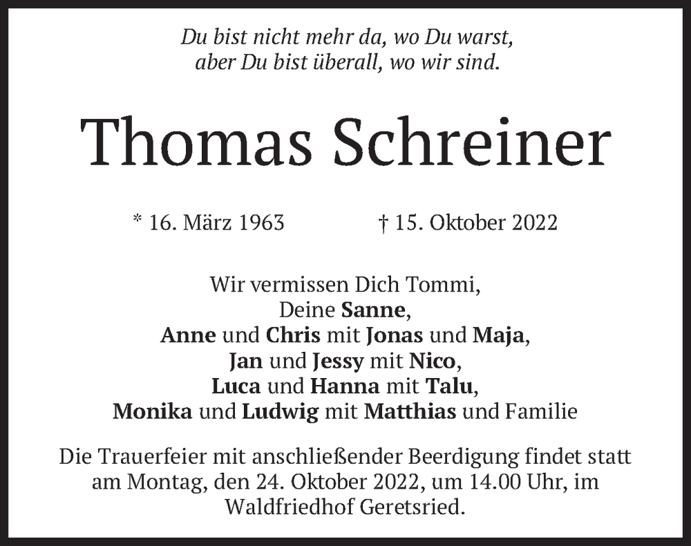  Traueranzeige für Thomas Schreiner vom 22.10.2022 aus merkurtz