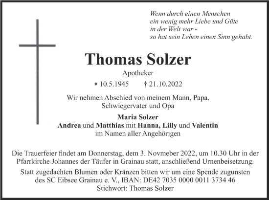 Traueranzeige von Thomas Solzer von merkurtz