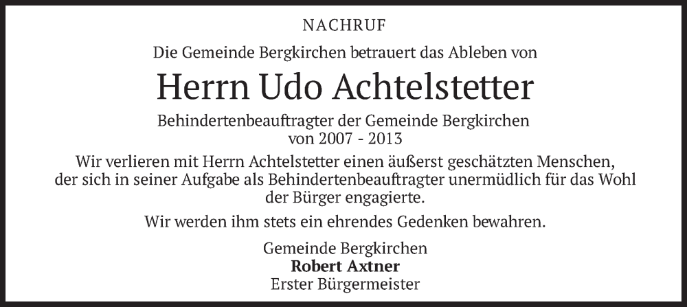  Traueranzeige für Udo Achtelstetter vom 06.10.2022 aus merkurtz
