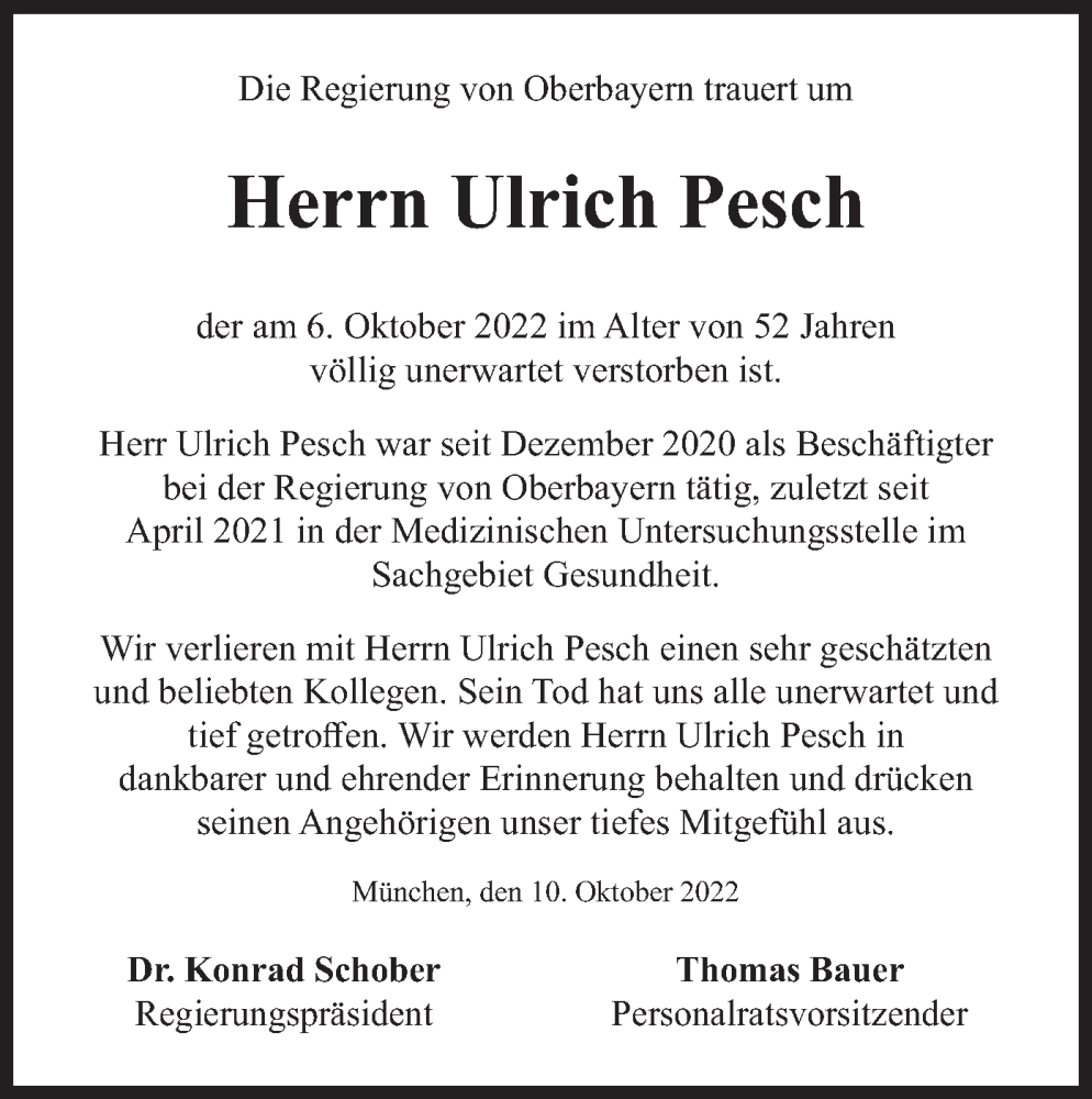  Traueranzeige für Ulrich Pesch vom 14.10.2022 aus merkurtz