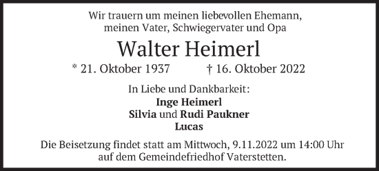 Traueranzeige von Walter Heimerl von merkurtz