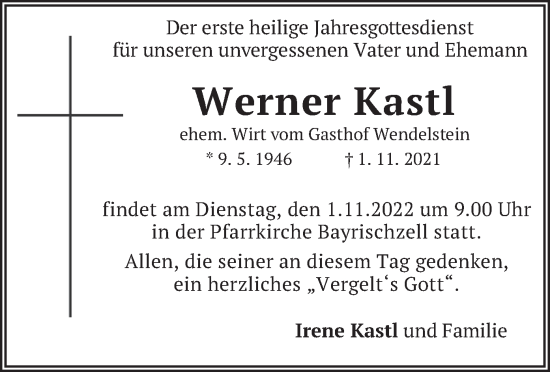 Traueranzeige von Werner Kastl von merkurtz