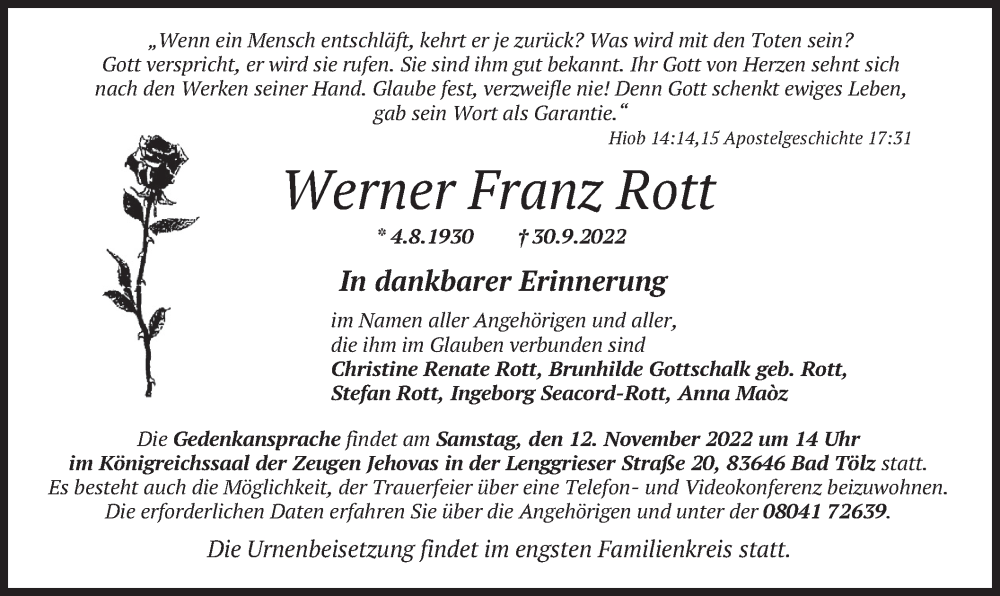  Traueranzeige für Werner Franz Rott vom 19.10.2022 aus merkurtz