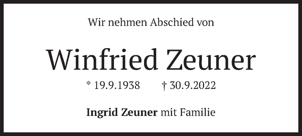  Traueranzeige für Winfried Zeuner vom 15.10.2022 aus merkurtz