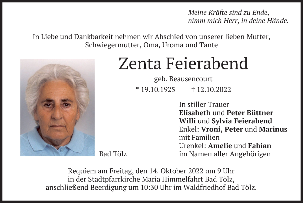  Traueranzeige für Zenta Feierabend vom 13.10.2022 aus merkurtz