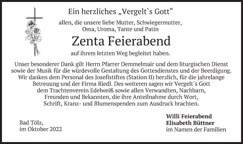  Traueranzeige für Zenta Feierabend vom 19.10.2022 aus merkurtz